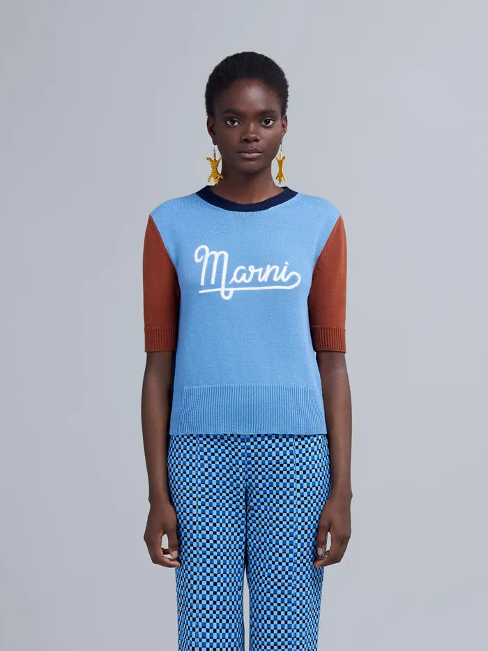 Marni Shortsleeved Logo Bio Cotton Sweater Light Blue Womens Knitwear Marni Shortsleeved Logo Bio Cotton Sweater Light Blue Womens Knitwear