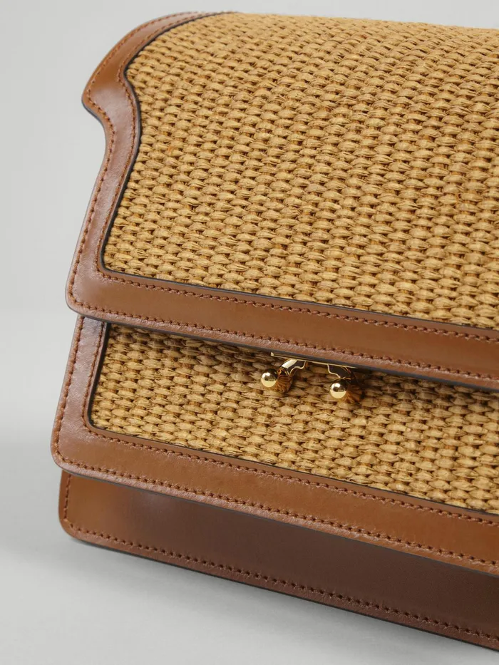 Marni Trunk Soft Medium Bag In Brown Leather And Raffia Raw Sienna Womens Crossbody Bags Marni Trunk Soft Medium Bag In Brown Leather And Raffia Raw Sienna Womens Crossbody Bags