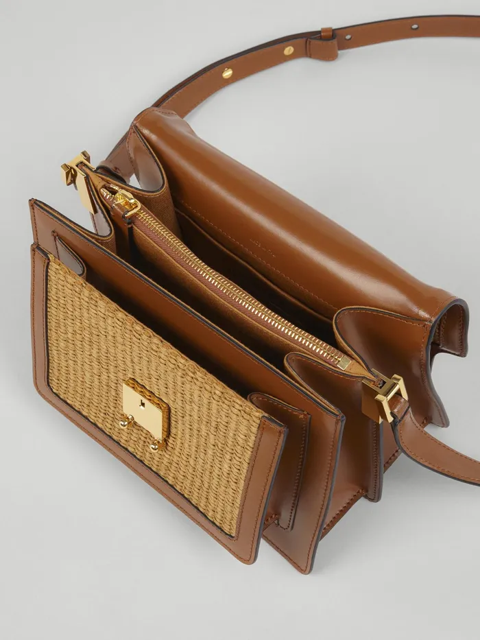Marni Trunk Soft Medium Bag In Brown Leather And Raffia Raw Sienna Womens Crossbody Bags Marni Trunk Soft Medium Bag In Brown Leather And Raffia Raw Sienna Womens Crossbody Bags