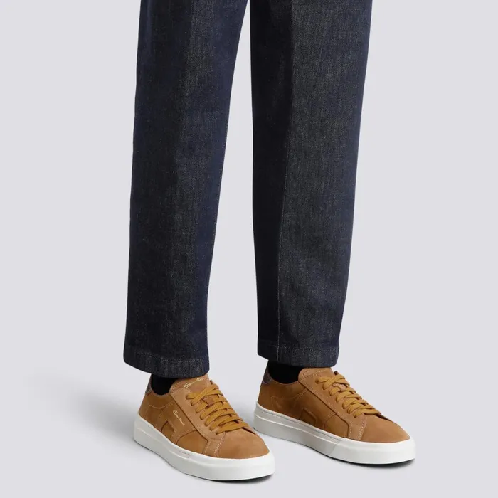 Men Brown Suede Double Buckle Sneaker Santoni Sneakers
