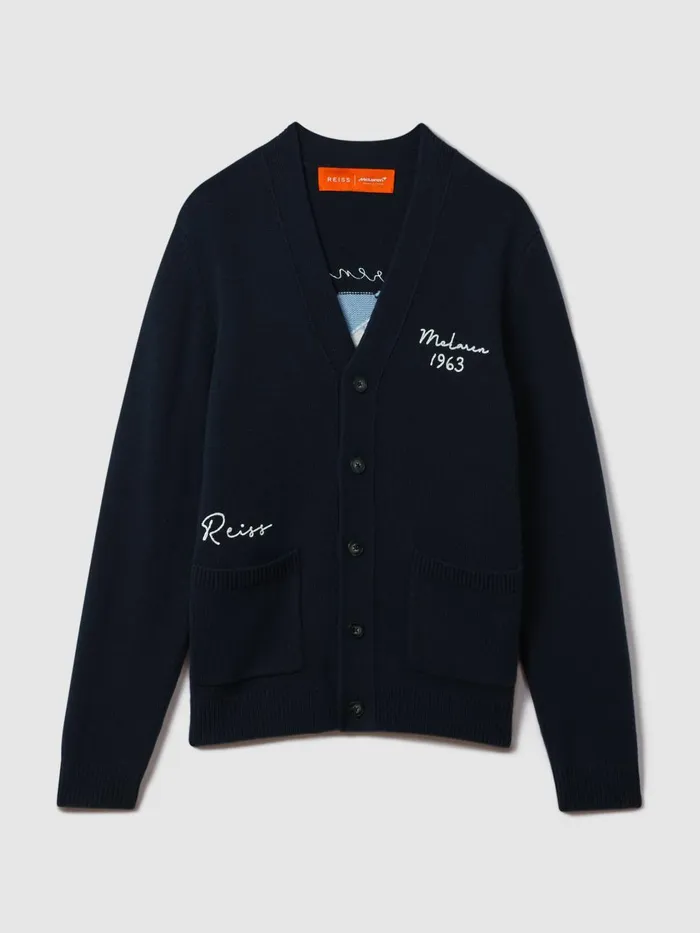 Men Reiss Knitwear F1 Intarsia Cardigan Navy