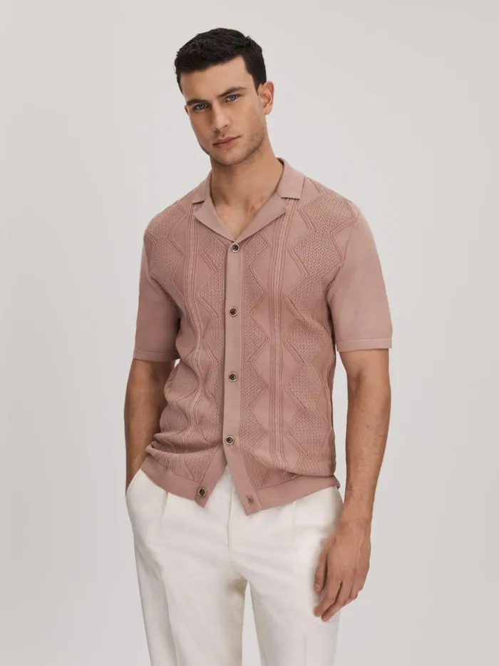 Men Reiss Knitwear Fortune Cable Knit Cuban Collar Shirt Rose