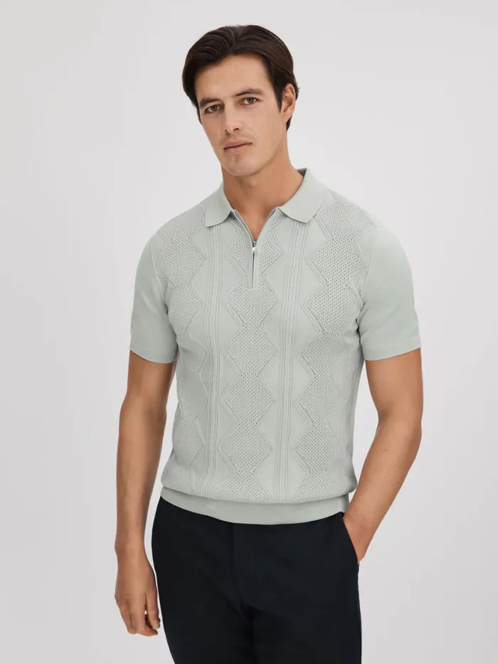 Men Reiss Knitwear Tropic Cotton HalfZip Polo Shirt Pistachio