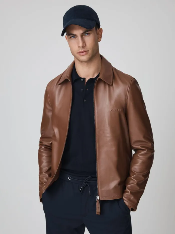 Men Reiss Outerwear and Coats F1 Leather Jacket Chocolate