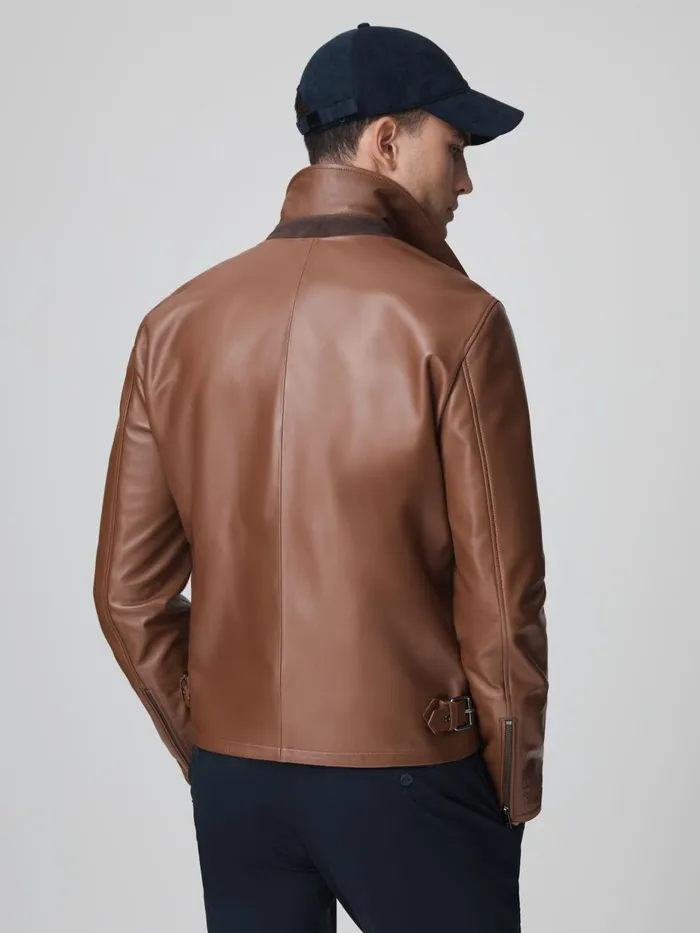 Men Reiss Outerwear and Coats F1 Leather Jacket Chocolate
