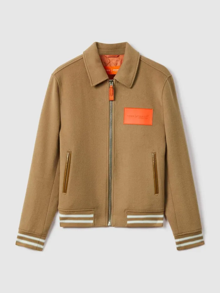 Men Reiss Outerwear and Coats F1 Wool Blend Leather Patch Varsity Bomber Jacket Camel