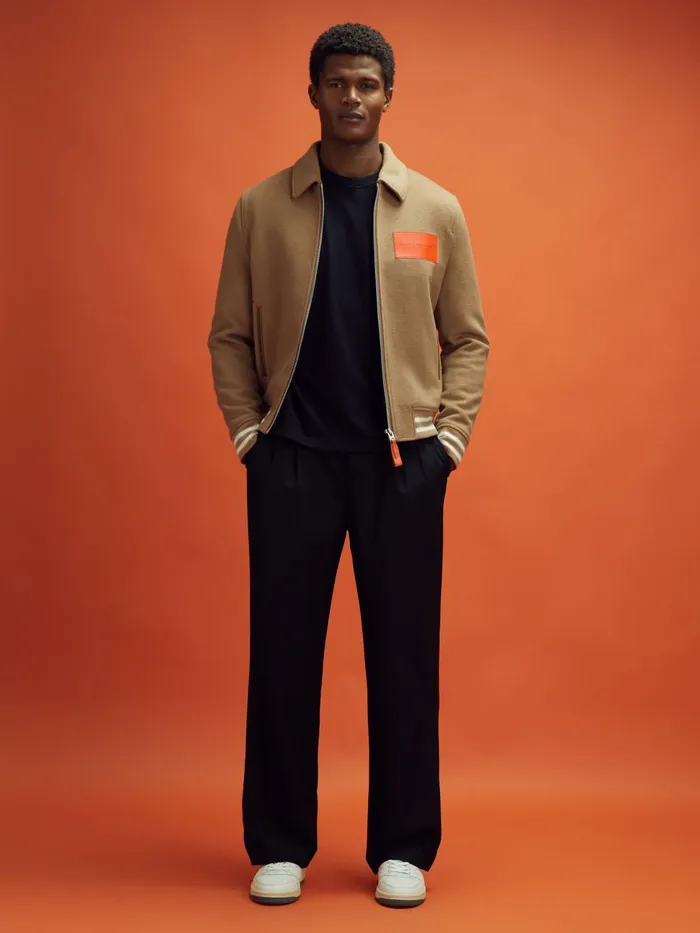Men Reiss Outerwear and Coats F1 Wool Blend Leather Patch Varsity Bomber Jacket Camel