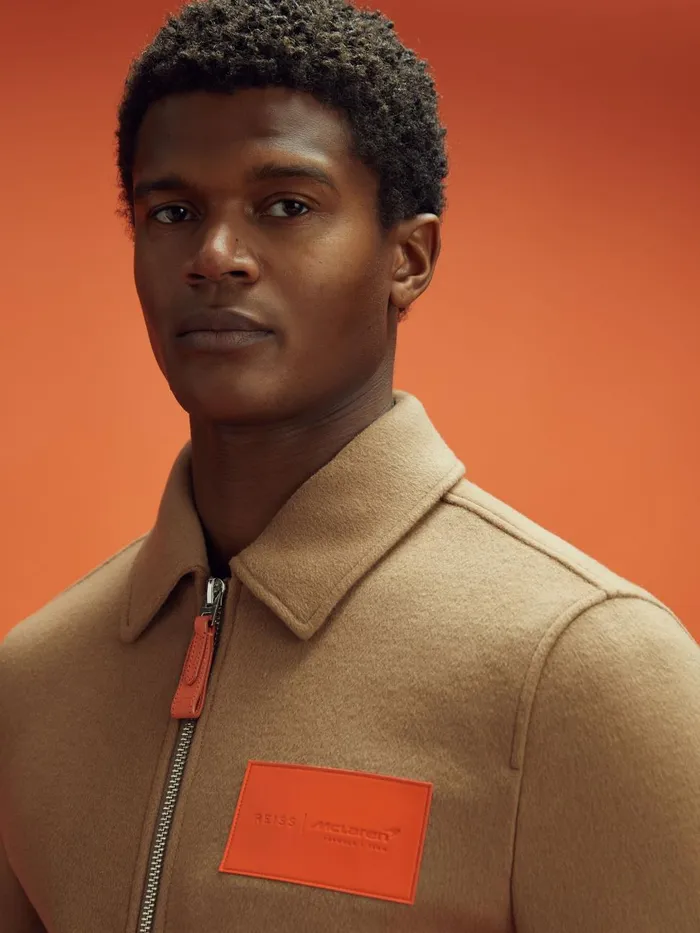 Men Reiss Outerwear and Coats F1 Wool Blend Leather Patch Varsity Bomber Jacket Camel