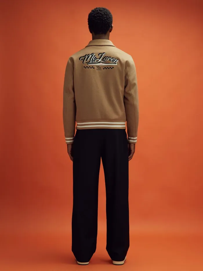 Men Reiss Outerwear and Coats F1 Wool Blend Leather Patch Varsity Bomber Jacket Camel
