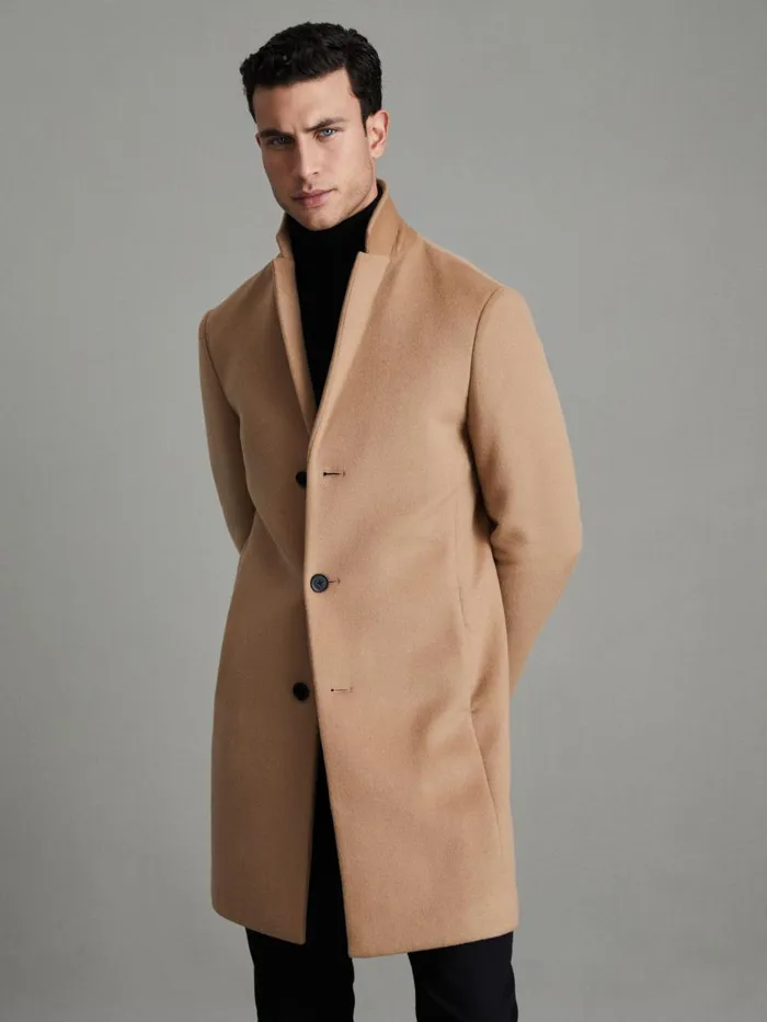 Men Reiss Outerwear and Coats Gable Wool Blend Single Breasted Epsom Overcoat Camel