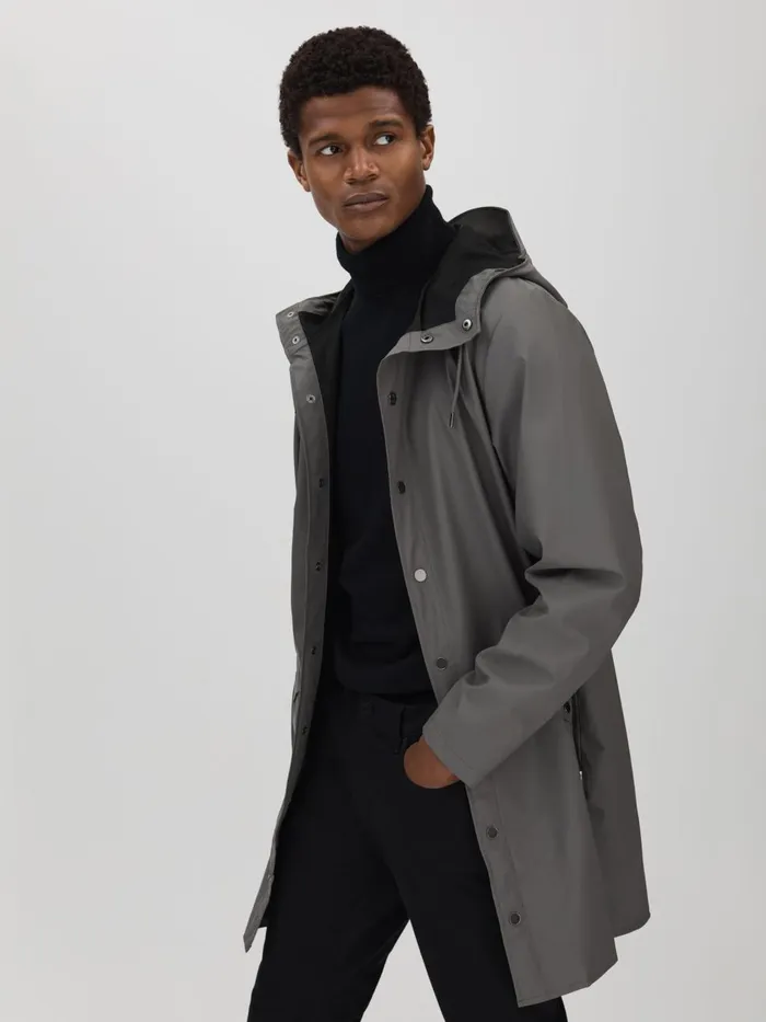 Men Reiss Outerwear and Coats Longline Hooded Raincoat Grey