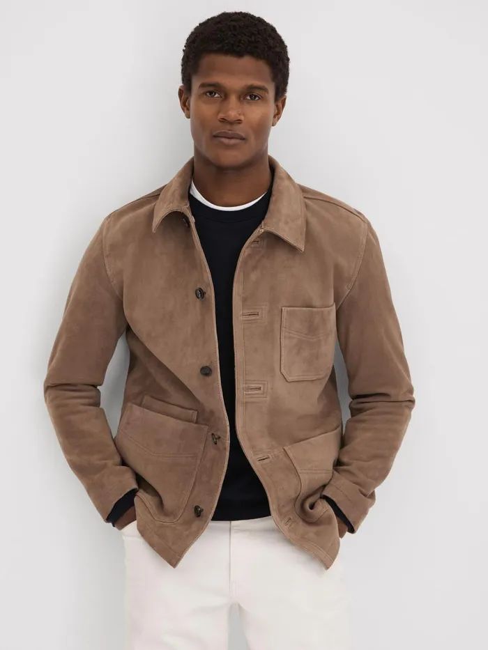 Men Reiss Outerwear and Coats Roma Suede ButtonThrough Jacket Mocha