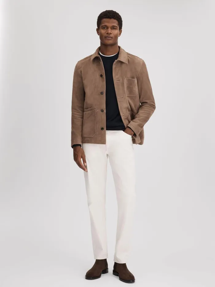 Men Reiss Outerwear and Coats Roma Suede ButtonThrough Jacket Mocha