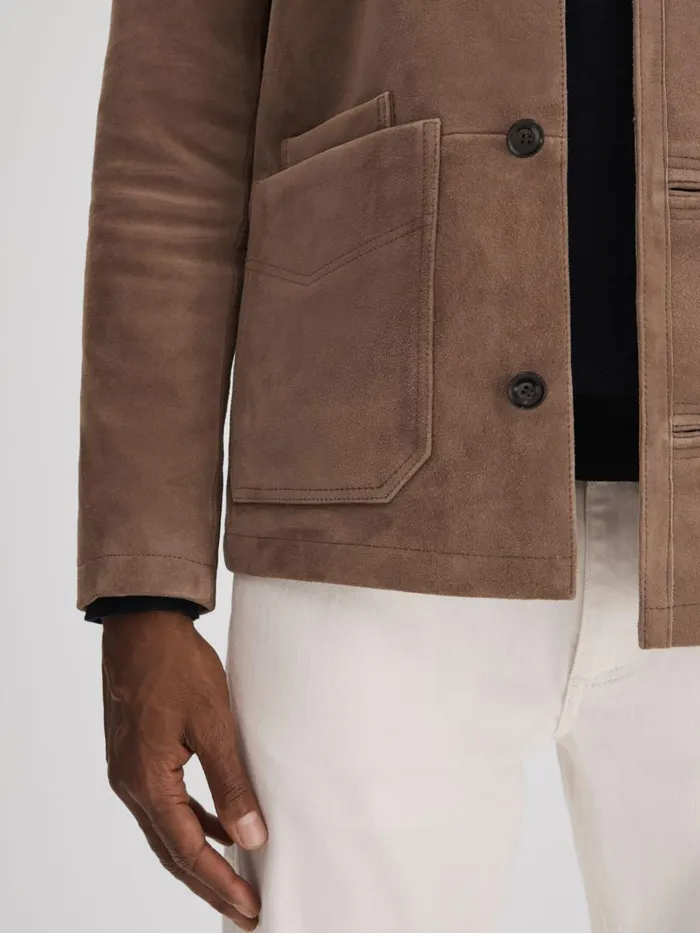 Men Reiss Outerwear and Coats Roma Suede ButtonThrough Jacket Mocha