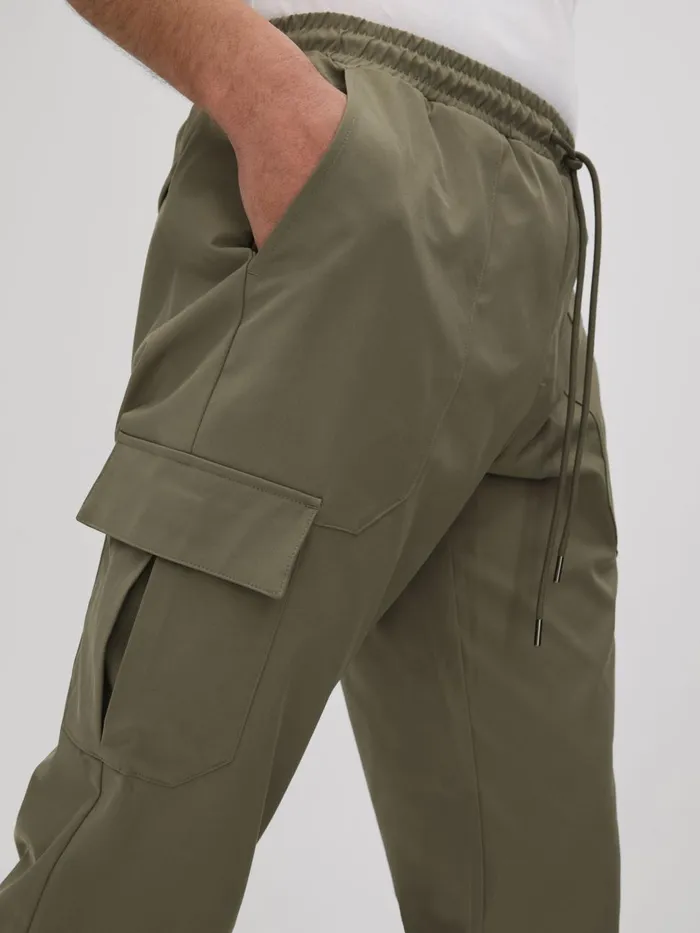 Men Reiss Pants Lavenham Technical Drawstring Cargo Trousers Olive