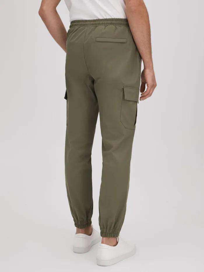 Men Reiss Pants Lavenham Technical Drawstring Cargo Trousers Olive