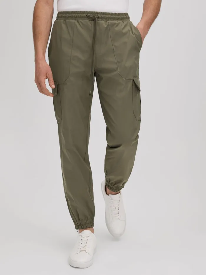 Men Reiss Pants Lavenham Technical Drawstring Cargo Trousers Olive