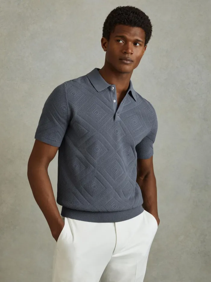 Men Reiss Polo Shirts Lupton Cotton Textured PressStud Polo Shirt Airforce Blue Men Reiss Polo Shirts Lupton Cotton Textured PressStud Polo Shirt Airforce Blue
