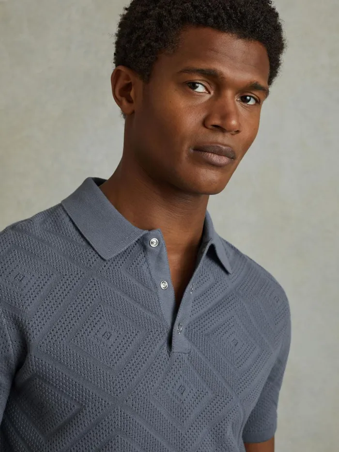Men Reiss Polo Shirts Lupton Cotton Textured PressStud Polo Shirt Airforce Blue