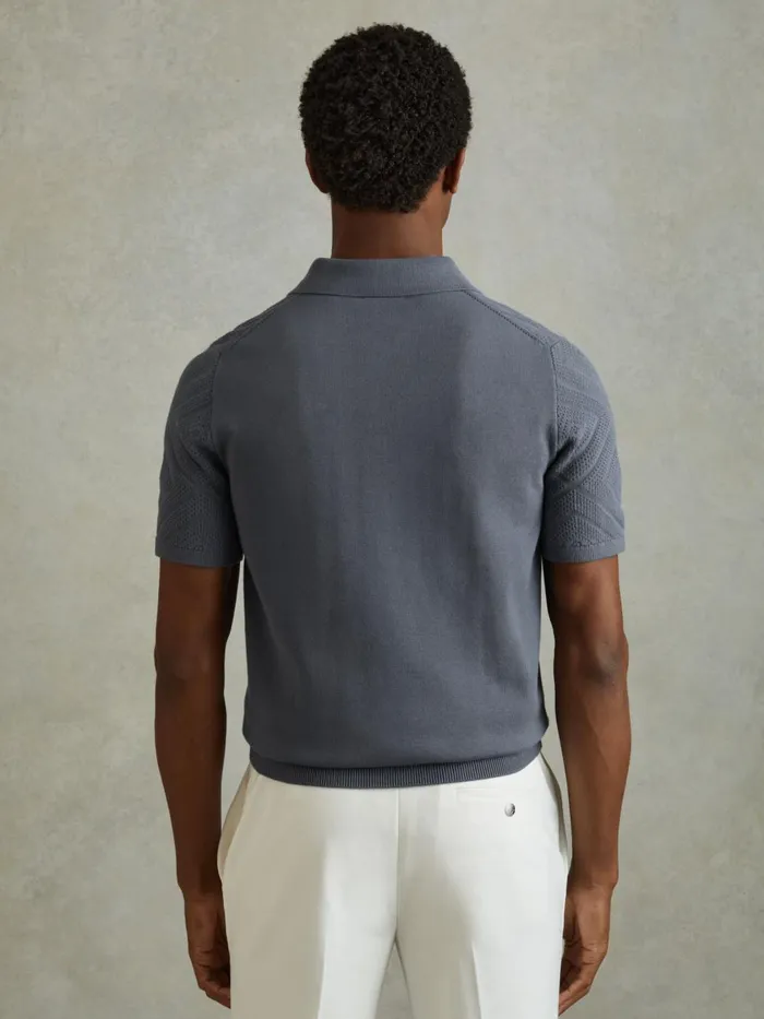 Men Reiss Polo Shirts Lupton Cotton Textured PressStud Polo Shirt Airforce Blue