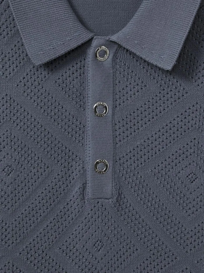 Men Reiss Polo Shirts Lupton Cotton Textured PressStud Polo Shirt Airforce Blue