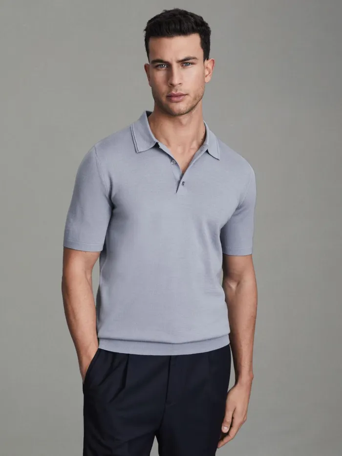 Men Reiss Polo Shirts Manor Slim Fit Merino Wool Polo Shirt China Blue
