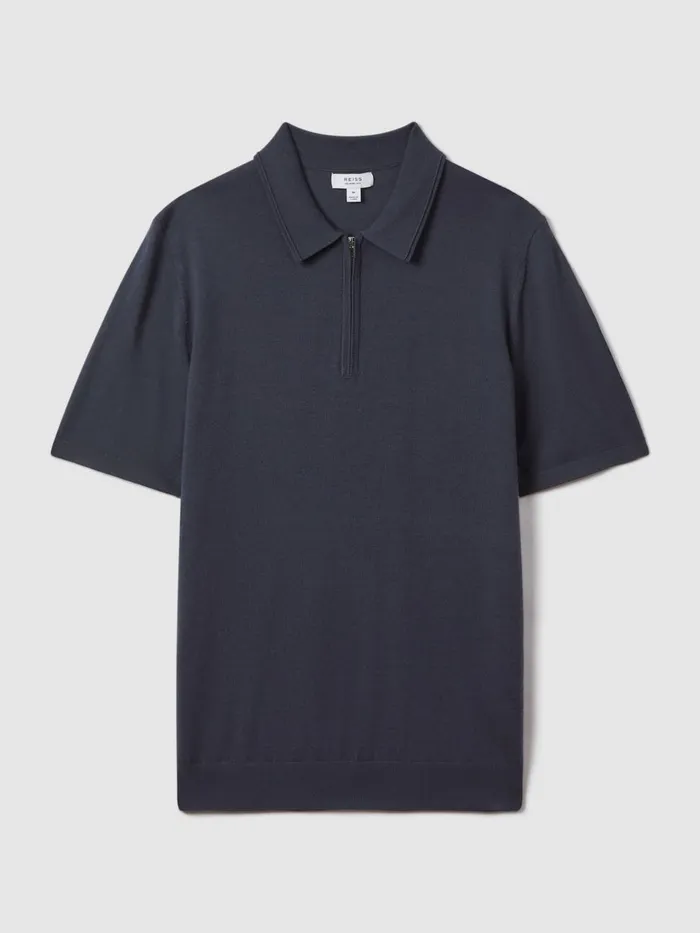 Men Reiss Polo Shirts Maxwell Merino Wool HalfZip Polo Shirt Blue Smoke