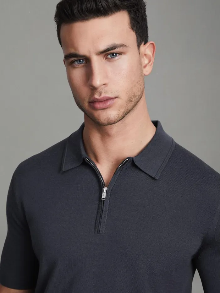 Men Reiss Polo Shirts Maxwell Merino Wool HalfZip Polo Shirt Blue Smoke