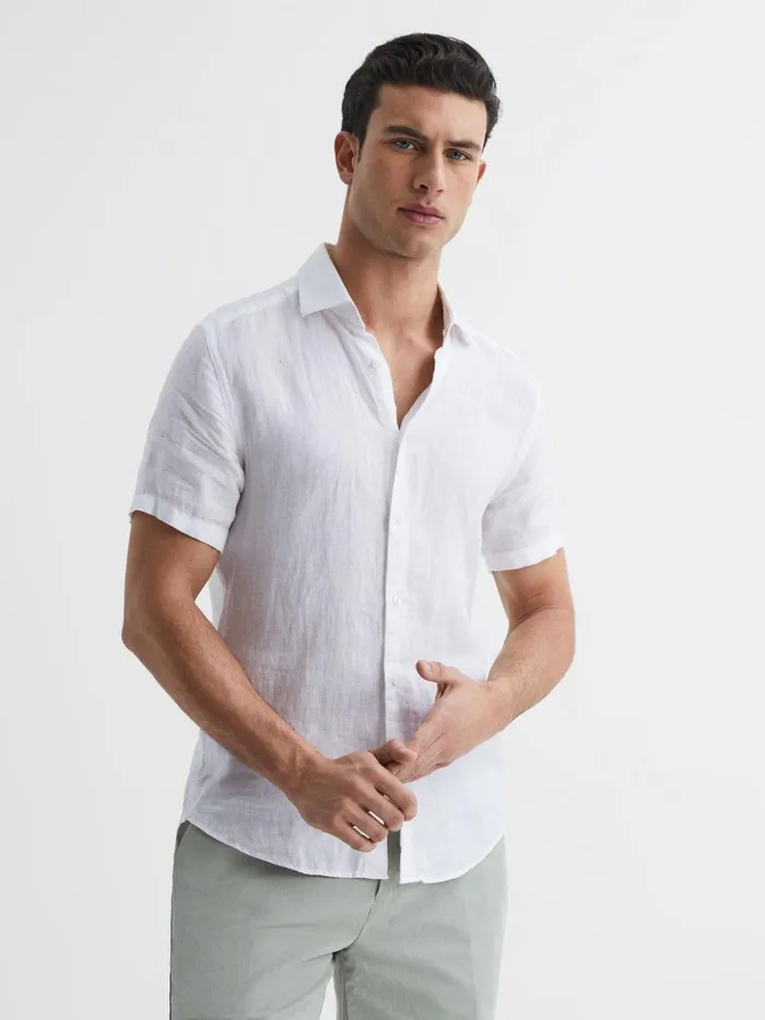 Men Reiss Shirts Holiday Slim Fit Linen ButtonThrough Shirt White