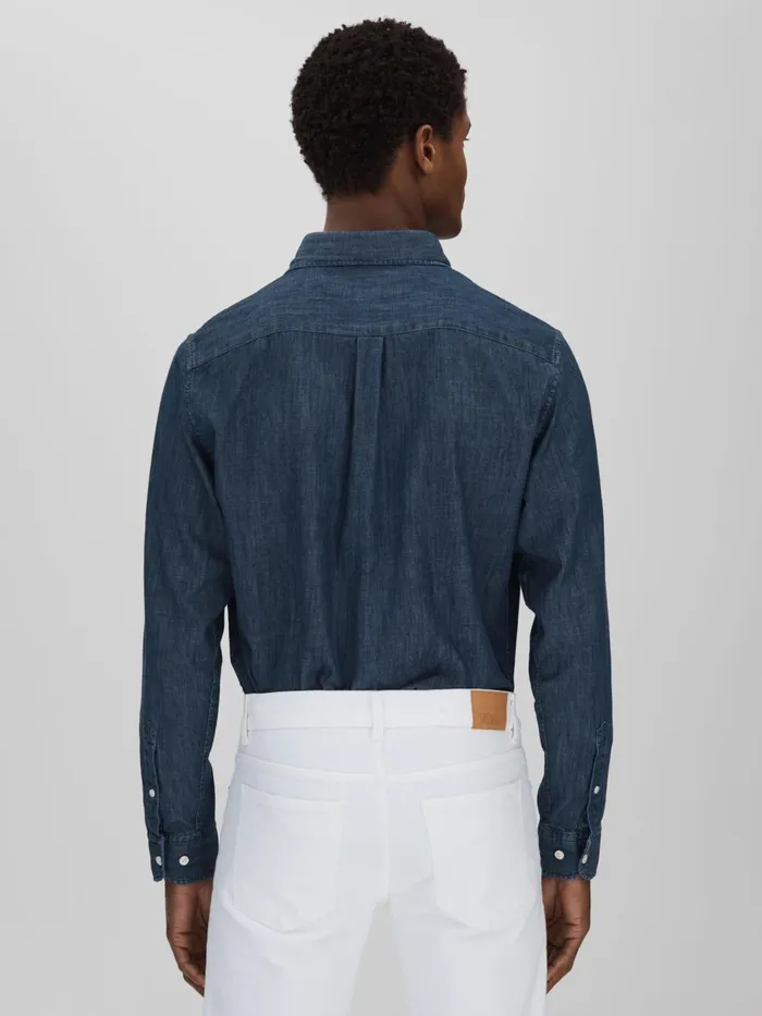 Men Reiss Shirts Jacobson Denim Cutaway Collar Shirt Dark Indigo