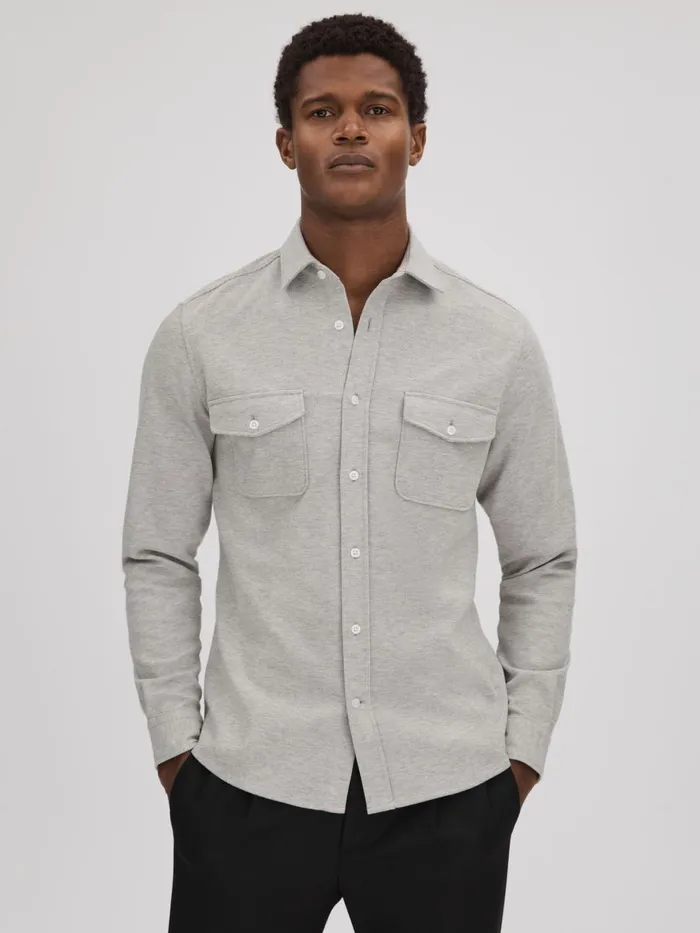 Men Reiss Shirts Ragan Textured ButtonThrough Shirt Soft Grey Melange