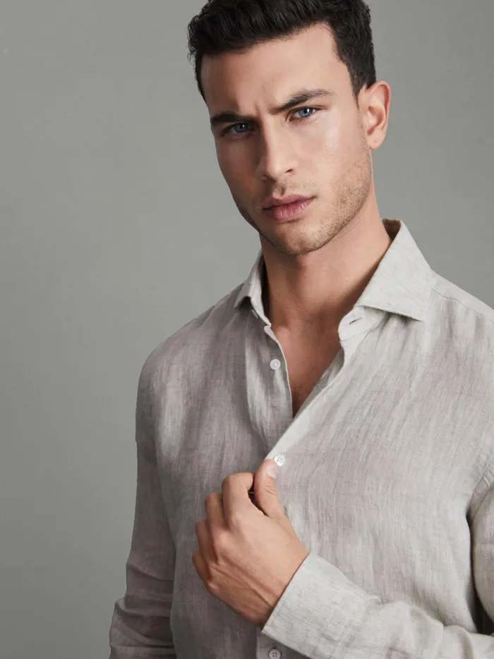 Men Reiss Shirts Ruban Linen Button Through Shirt Stone