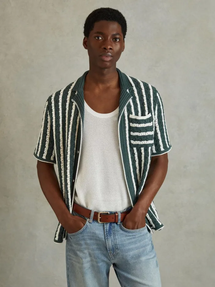 Men Reiss Shirts Spritz Oversized Crochet Striped Cuban Collar Shirt Greenwhite Men Reiss Shirts Spritz Oversized Crochet Striped Cuban Collar Shirt Greenwhite
