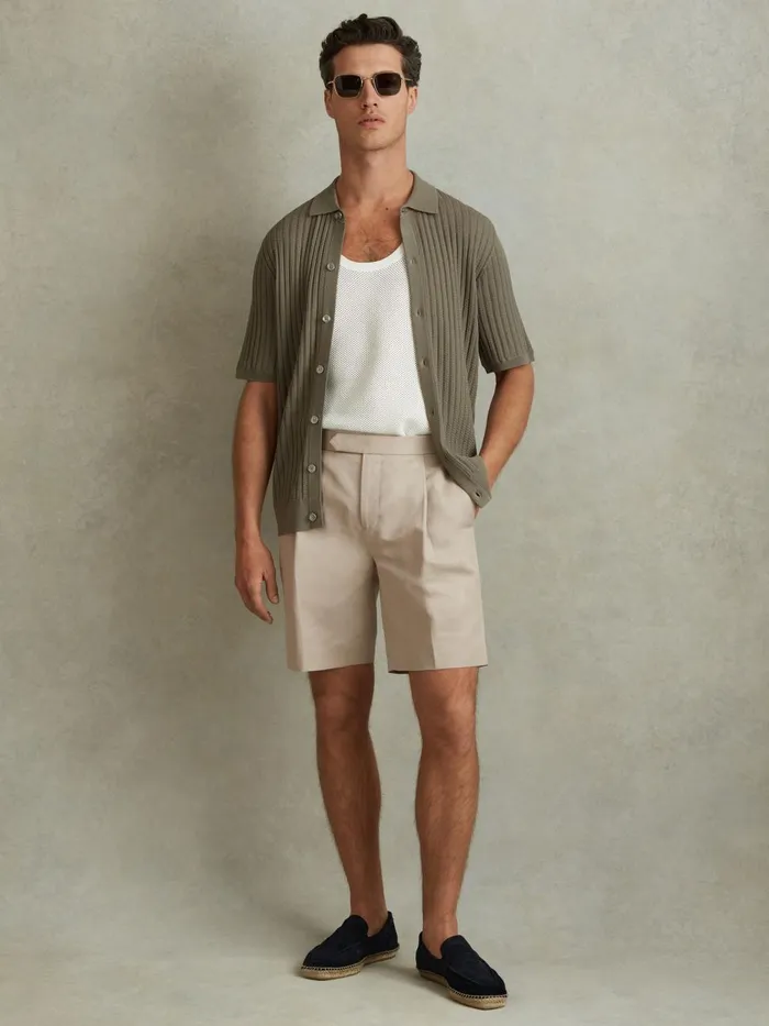 Men Reiss Shorts Con Cotton Blend Adjuster Shorts Stone