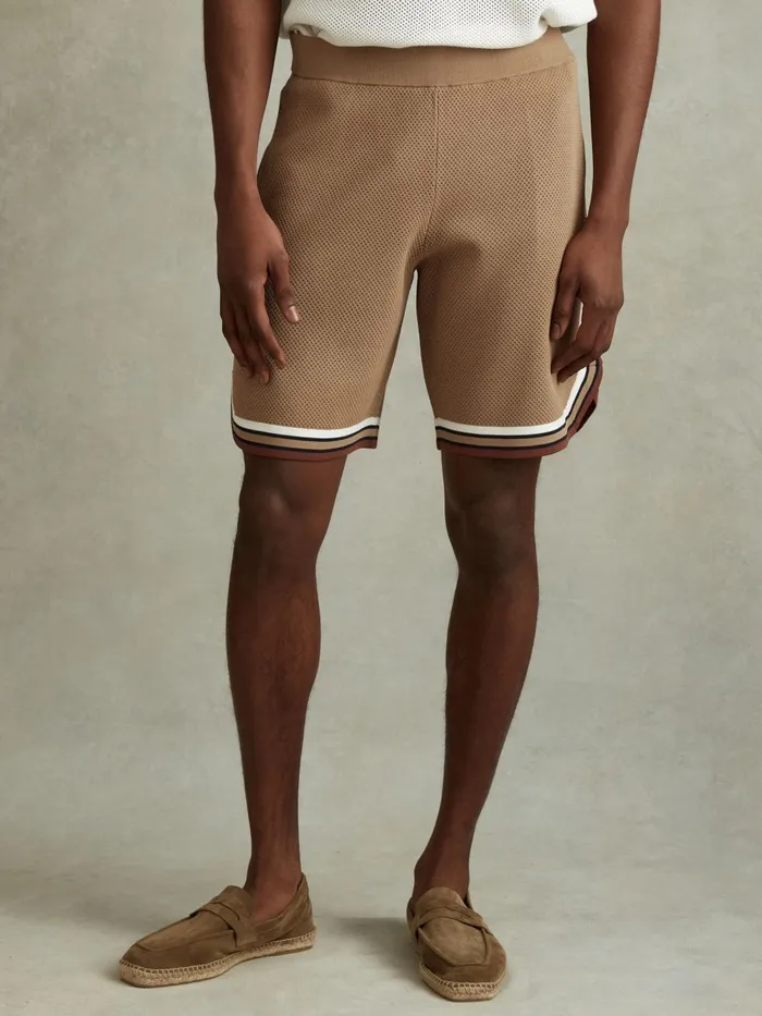 Men Reiss Shorts Jack Knitted Elasticated Waist Shorts Camel Multi