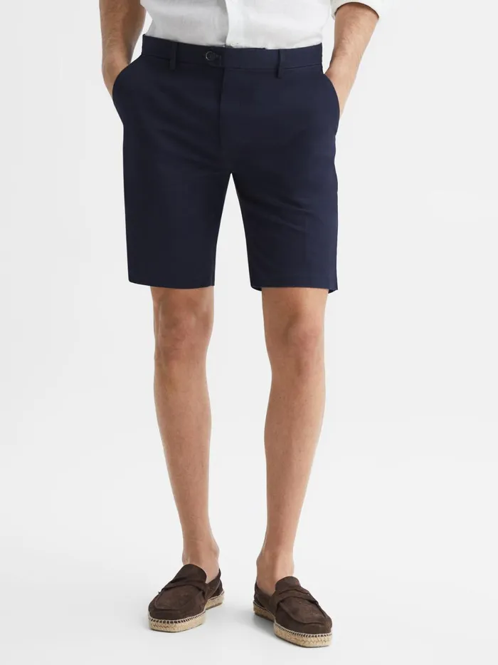 Men Reiss Shorts Wicket Modern Fit Cotton Blend Chino Shorts Navy