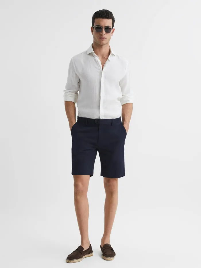 Men Reiss Shorts Wicket Modern Fit Cotton Blend Chino Shorts Navy