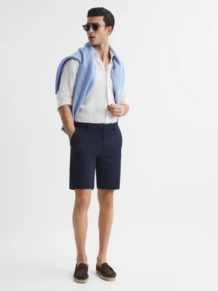 Men Reiss Shorts Wicket Modern Fit Cotton Blend Chino Shorts Navy
