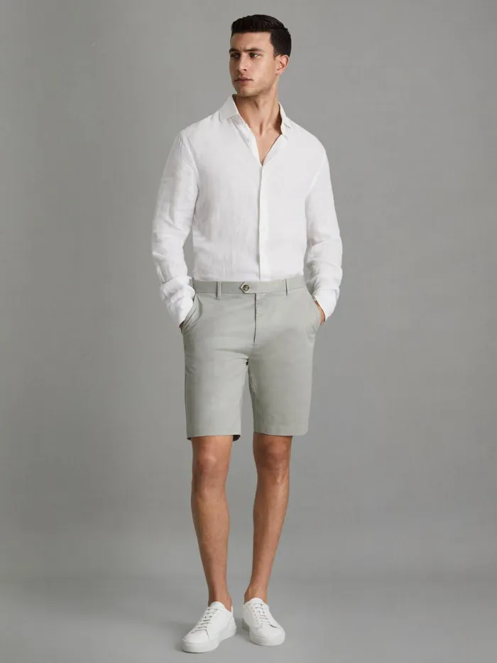 Men Reiss Shorts Wicket Modern Fit Cotton Blend Chino Shorts Soft Sage
