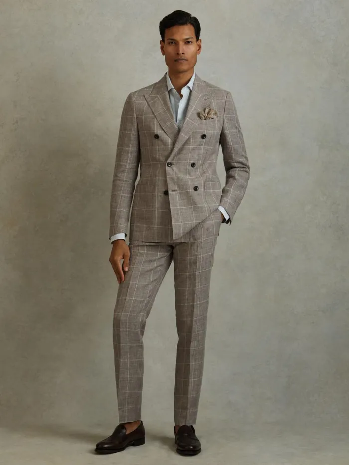 Men Reiss Suits and Tailoring Burgess Linen Side Adjuster Check Trousers Light Taupe Men Reiss Suits and Tailoring Burgess Linen Side Adjuster Check Trousers Light Taupe
