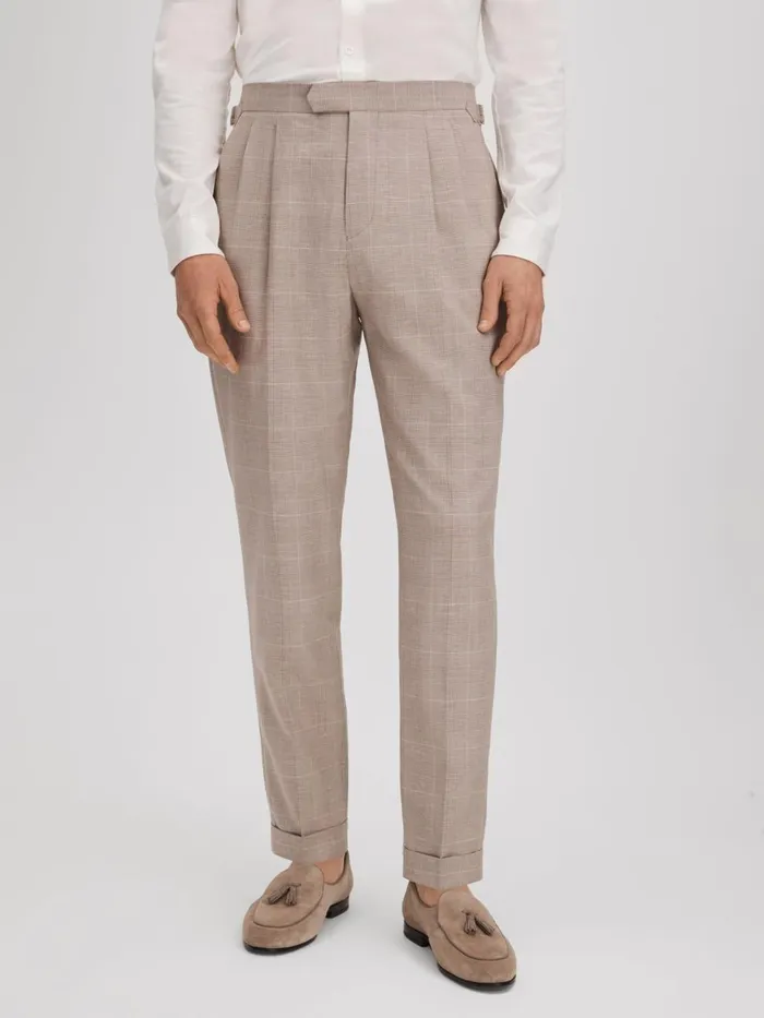 Men Reiss Suits and Tailoring Collect Slim Fit Check Adjuster Trousers With TurnUps Oatmeal Men Reiss Suits and Tailoring Collect Slim Fit Check Adjuster Trousers With TurnUps Oatmeal