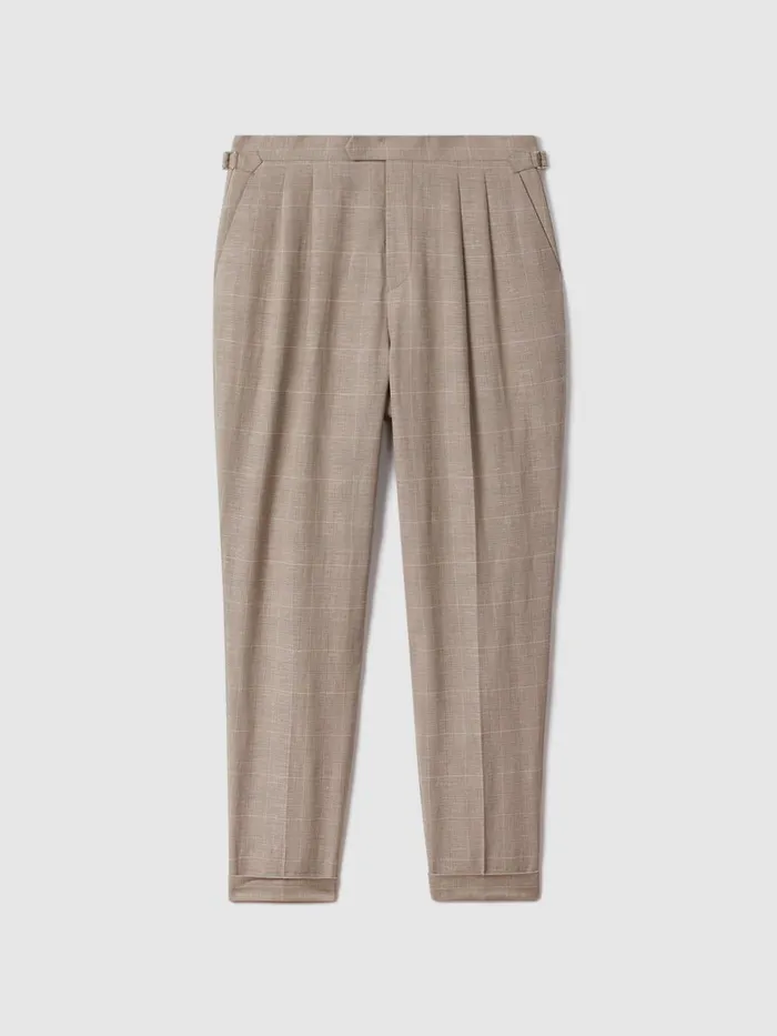 Men Reiss Suits and Tailoring Collect Slim Fit Check Adjuster Trousers With TurnUps Oatmeal
