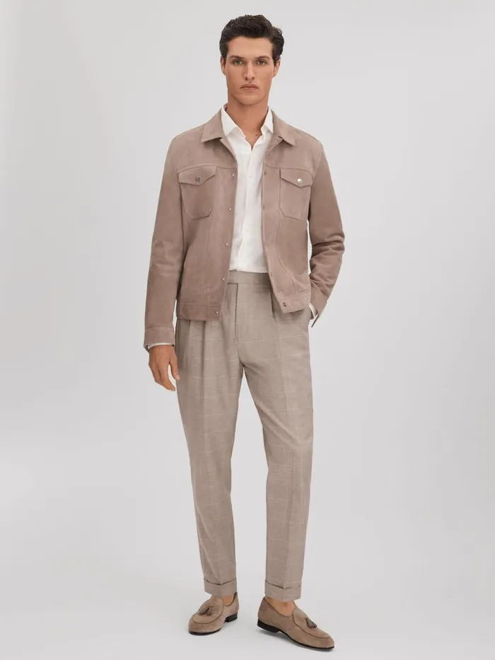 Men Reiss Suits and Tailoring Collect Slim Fit Check Adjuster Trousers With TurnUps Oatmeal