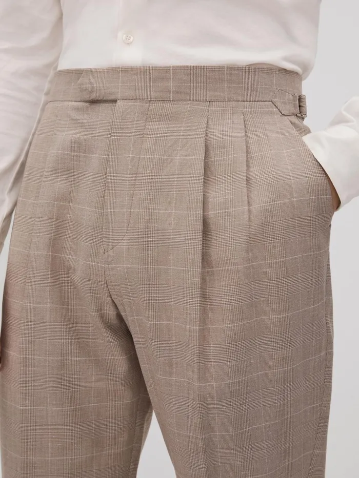 Men Reiss Suits and Tailoring Collect Slim Fit Check Adjuster Trousers With TurnUps Oatmeal