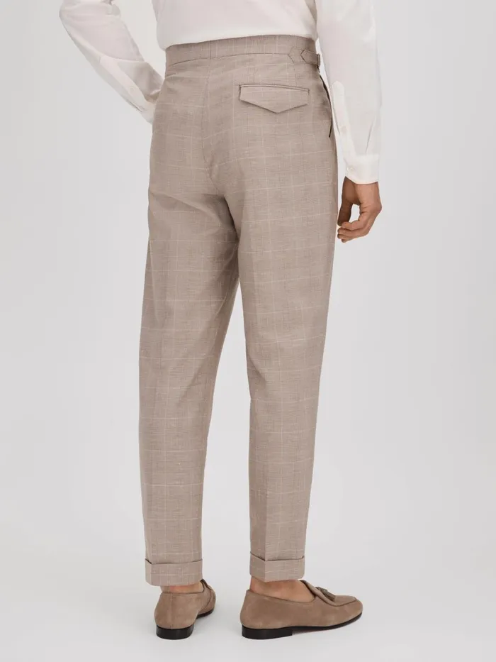 Men Reiss Suits and Tailoring Collect Slim Fit Check Adjuster Trousers With TurnUps Oatmeal