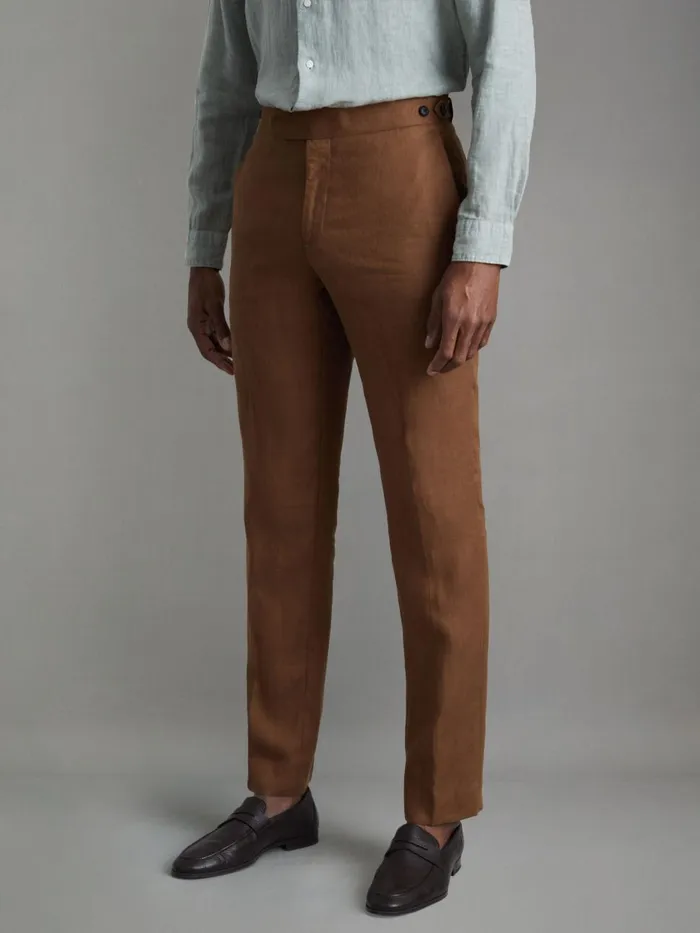 Men Reiss Suits and Tailoring Kin Slim Fit Linen Adjuster Trousers Tobacco Brown