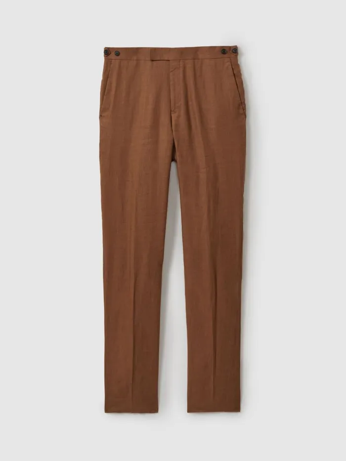 Men Reiss Suits and Tailoring Kin Slim Fit Linen Adjuster Trousers Tobacco Brown