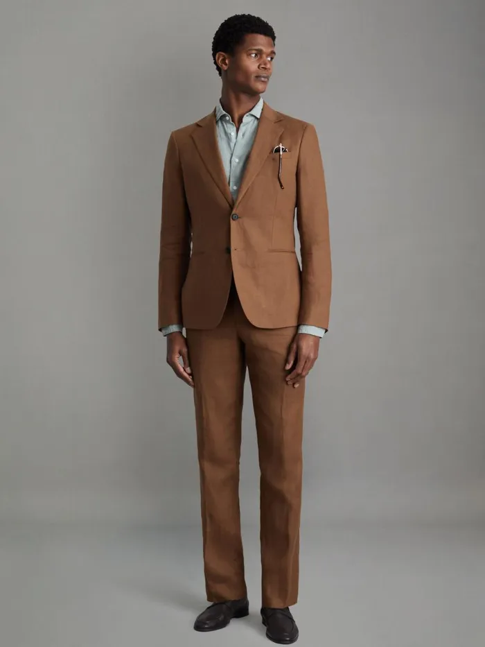 Men Reiss Suits and Tailoring Kin Slim Fit Linen Adjuster Trousers Tobacco Brown