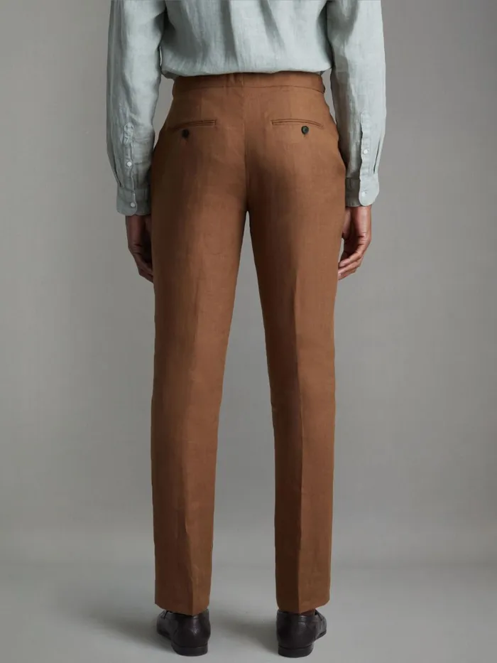 Men Reiss Suits and Tailoring Kin Slim Fit Linen Adjuster Trousers Tobacco Brown