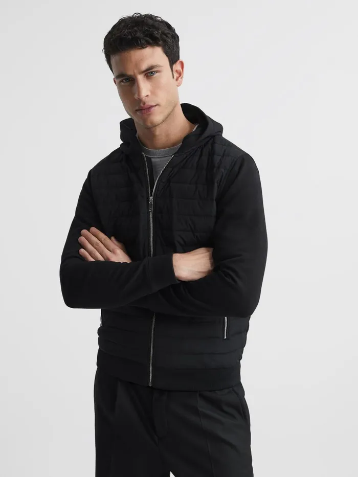 Men Reiss Sweats Hoodies and Joggers Taylor Hybrid Zip Quilted Hooded Jacket Black Men Reiss Sweats Hoodies and Joggers Taylor Hybrid Zip Quilted Hooded Jacket Black